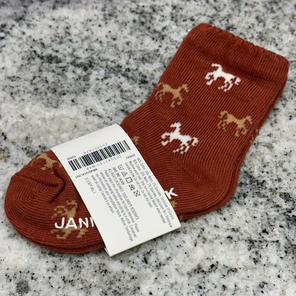 Janie and Jack Kids 6-12M Socks Rust Brown Horse Pattern Equestrian Preppy